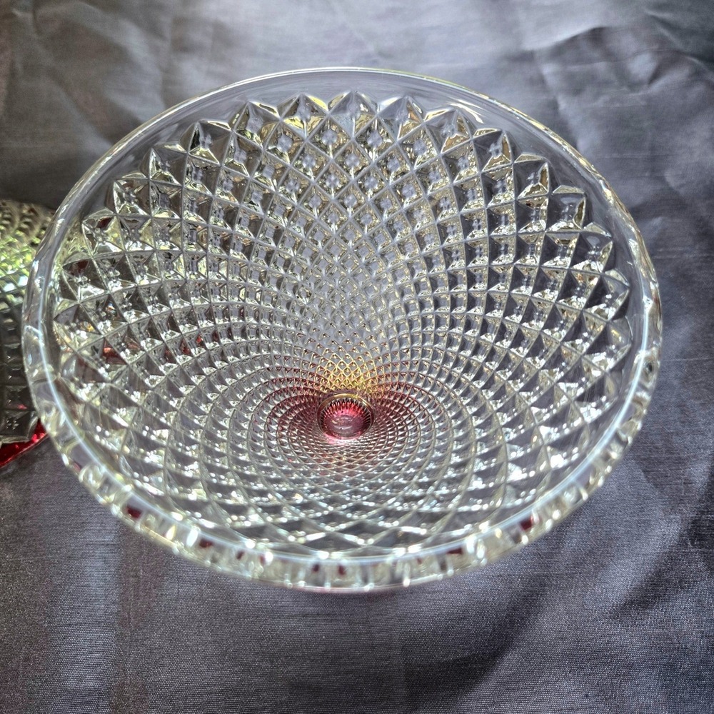 Vintage Ruby Red Flash Diamond Point Glass Lidded Candy Dish Pedestal Compote - Picture 2 of 14